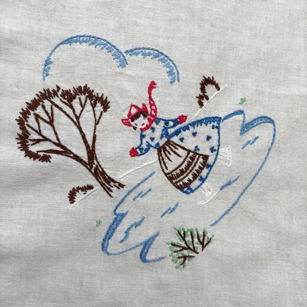 Vintage 50s Cottagecore Embroidered Tablecloth Holiday Dutch Winter Ice Skating